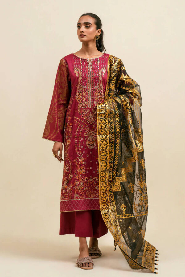 Beechtree maroon embroidered and gold foil printed Pakistani dress