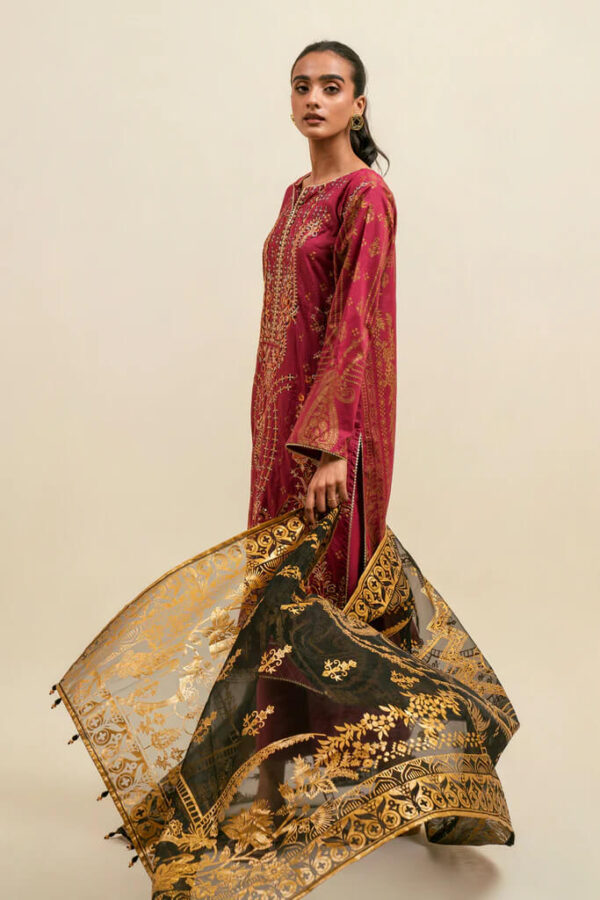 Beechtree maroon embroidered and gold foil printed Pakistani dress